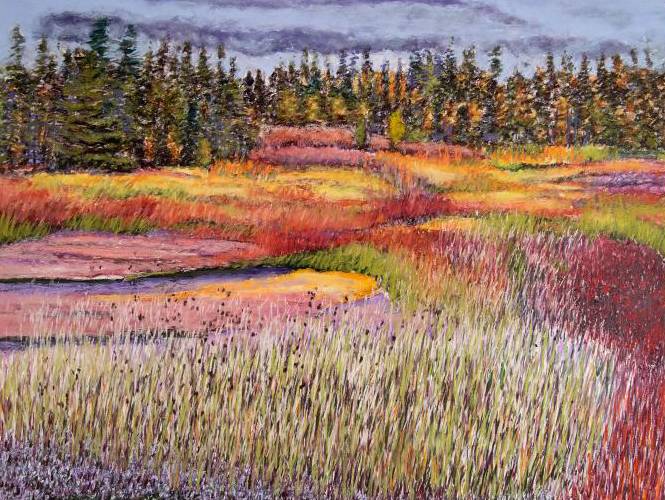 Landscape pastel drawing titled "Near Alpena: Glacial Bog" by Jane Everhart.